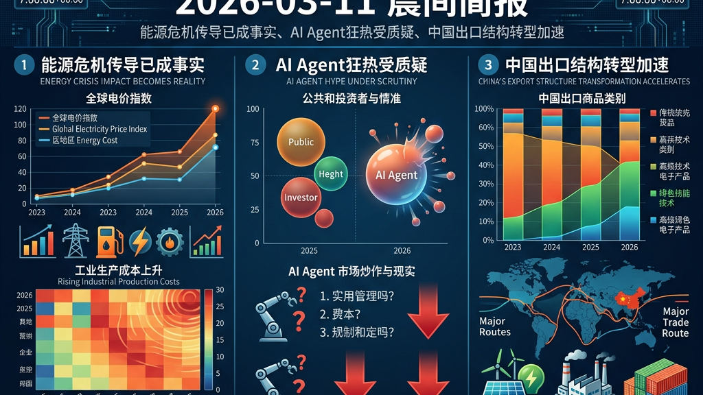 2026-03-11晨间简报：能源危机传导已成事实、AI Agent狂热受质疑、中国出口结构转型加速 封面